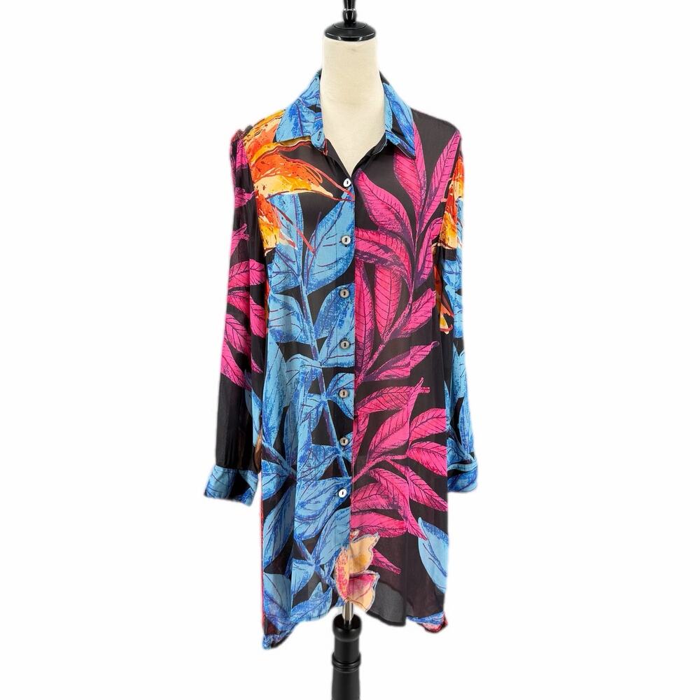 John Mark Black Multi Tropical Tunic Button Down Collared Swim Cover Up Dress